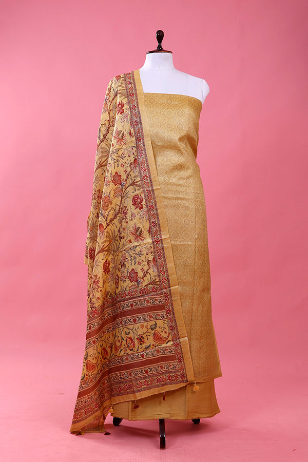 Yellow Ethnic Printed Tussar Silk Unstitched Suit Set By Chinaya Banaras