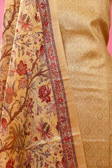 Light Yellow Ethnic Printed Tussar Silk Dress Material - Chinaya Banaras