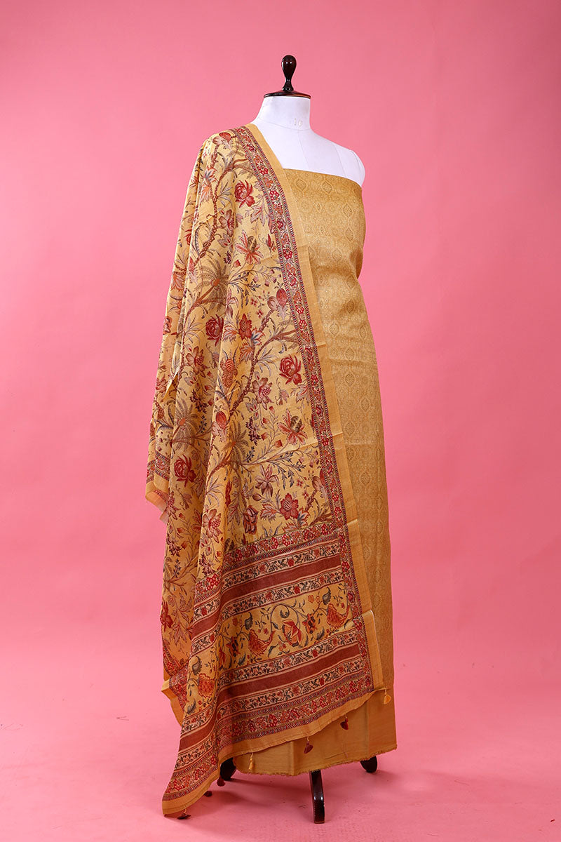 Light Yellow Ethnic Printed Tussar Silk Dress Material - Chinaya Banaras