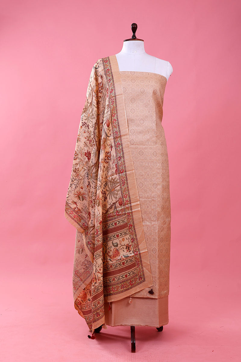 Peach Printed  Tussar Silk  Unstitched Suit Set By Chinaya Banaras