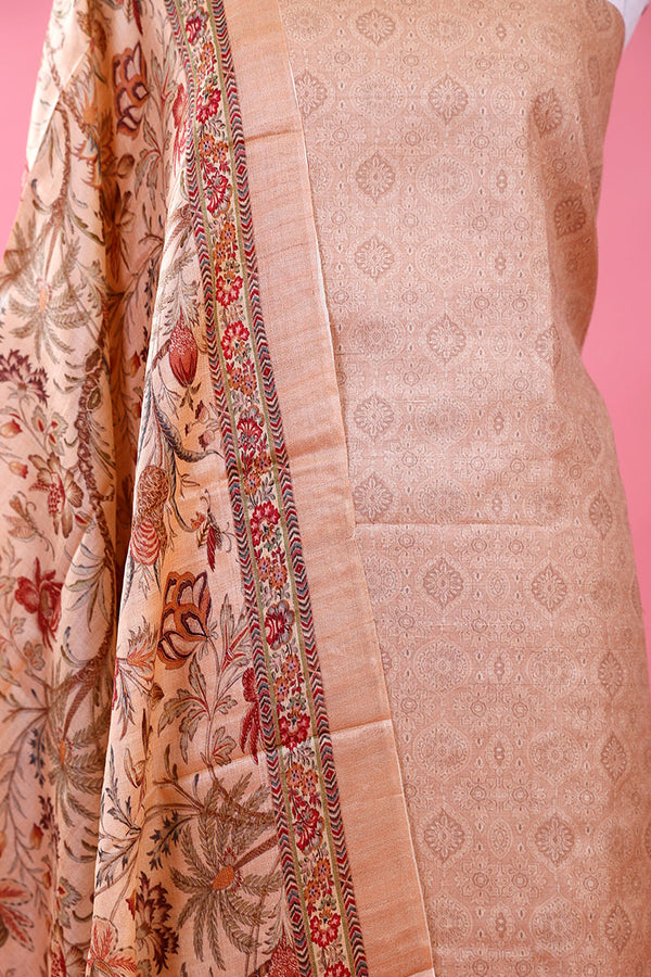 Pastel Peach Ethnic Printed Tussar Silk Dress Material - Chinaya Banaras