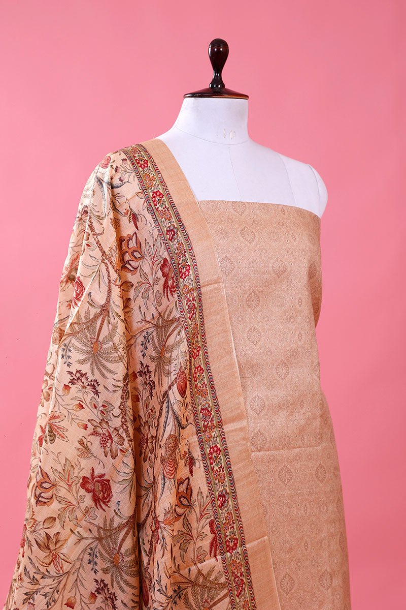 Pastel Peach Ethnic Printed Tussar Silk Dress Material - Chinaya Banaras