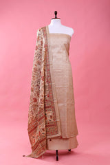 Beige Printed  Tussar Silk Unstitched Suit Set At Chinaya Banaras
