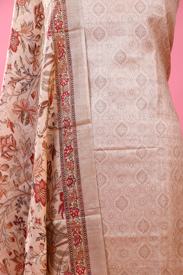 Beige Ethnic Printed Tussar Silk Dress Material - Chinaya Banaras