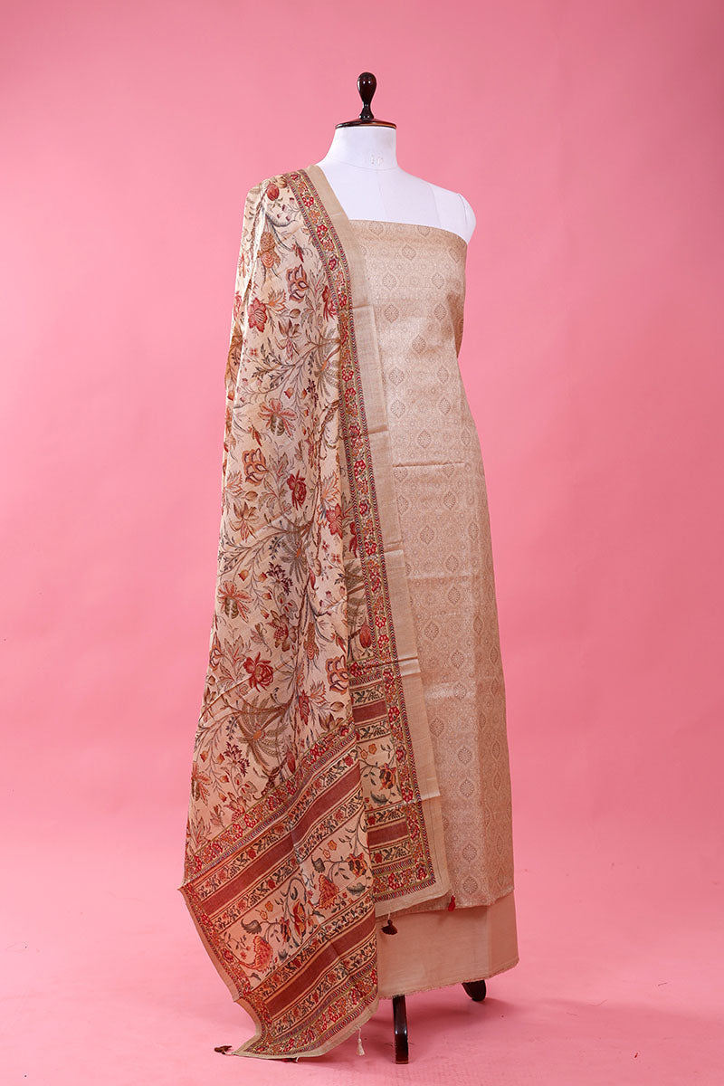 Beige Ethnic Printed Tussar Silk Dress Material - Chinaya Banaras