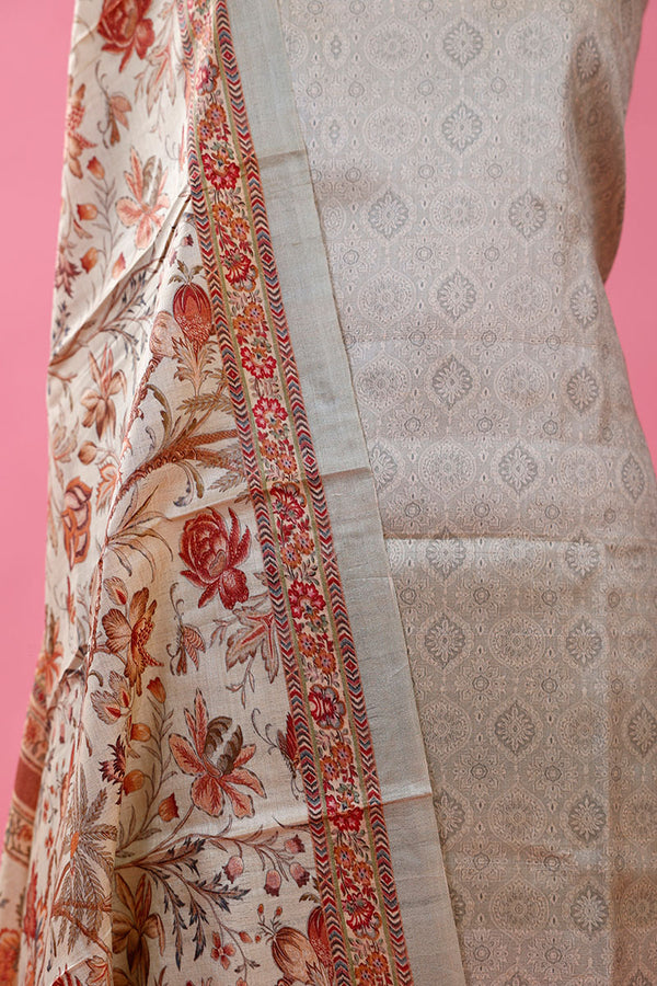 Sage Green Ethnic Printed Tussar Silk Dress Material - Chinaya Banaras