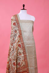 Sage Green Ethnic Printed Tussar Silk Dress Material - Chinaya Banaras