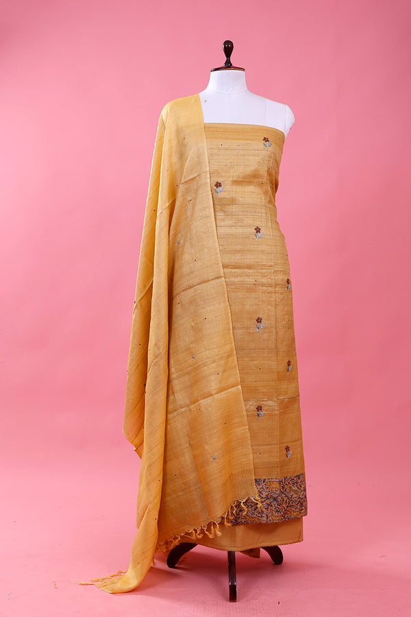 Yellow Hand Embroidered Tussar Silk Unstitched Suit Set At Chinaya Banaras