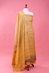 Yellow Hand Embroidered Tussar Silk Dress Material - Chinaya Banaras