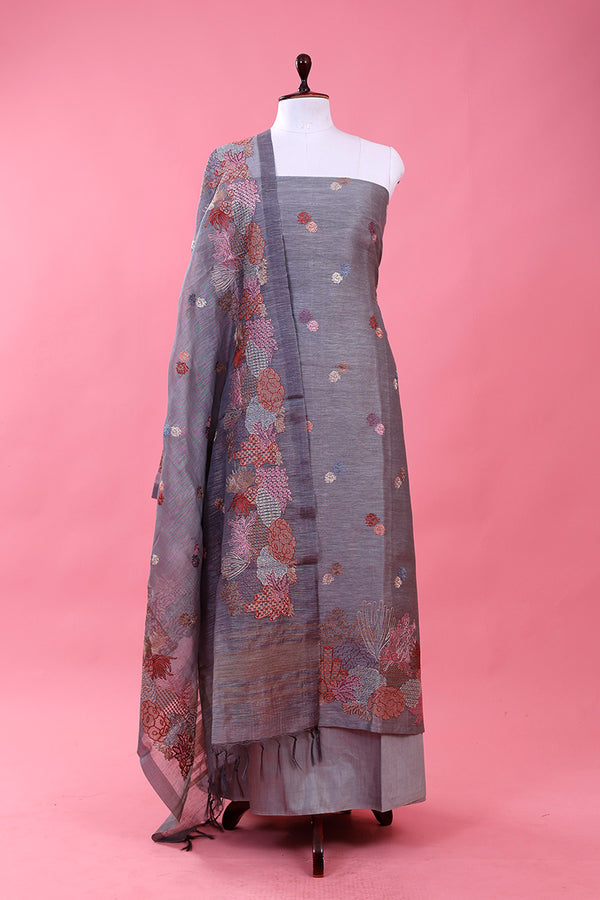 Grey Embroidered Linen Unstitched Suit Set At Chinaya Banaras