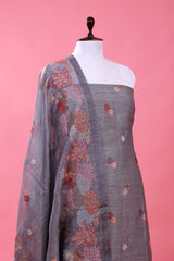 Grey Marine Embroidered Linen Dress Material - Chinaya Banaras