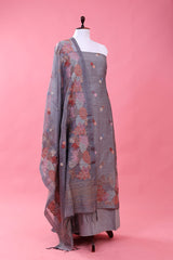 Grey Marine Embroidered Linen Dress Material - Chinaya Banaras