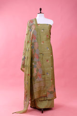Green Embroidered Linen Unstitched Suit Set At Chinaya Banaras