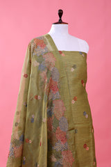 Leaf Green Marine Embroidered Linen Dress Material - Chinaya Banaras