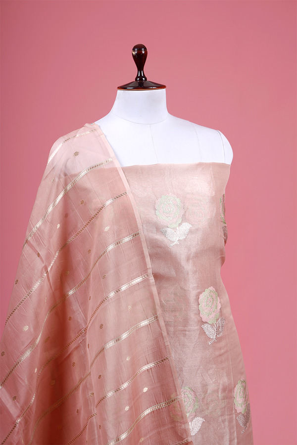 Peach Floral Handwoven Banarasi Tissue Silk Suit Piece