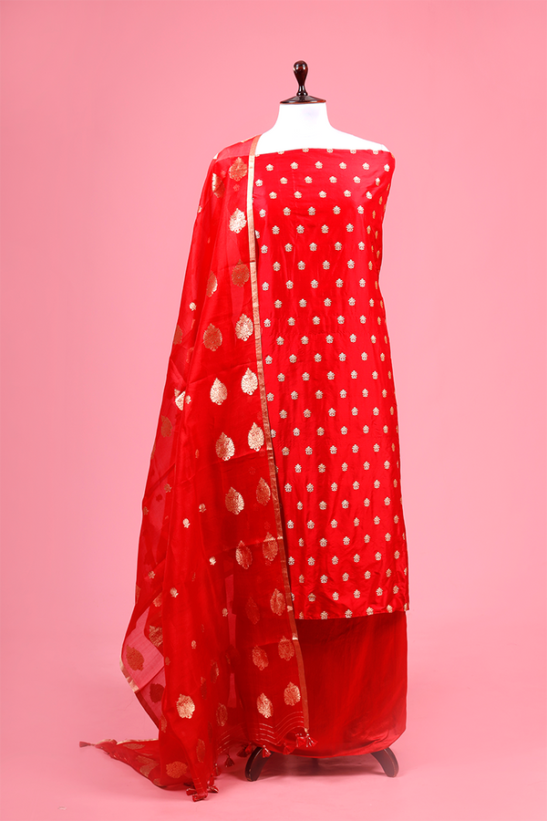Red Handwoven Banarasi Silk Suit Piece By Chinaya Banaras