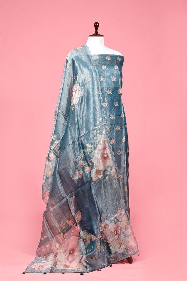 Grey Embellished Tissue Silk Suit Piece By Chinaya Banaras