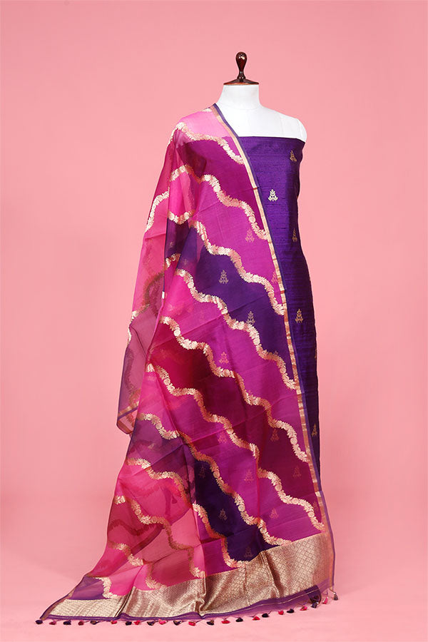 Purple Handwoven Raw Silk Suit Piece By Chinaya Banaras
