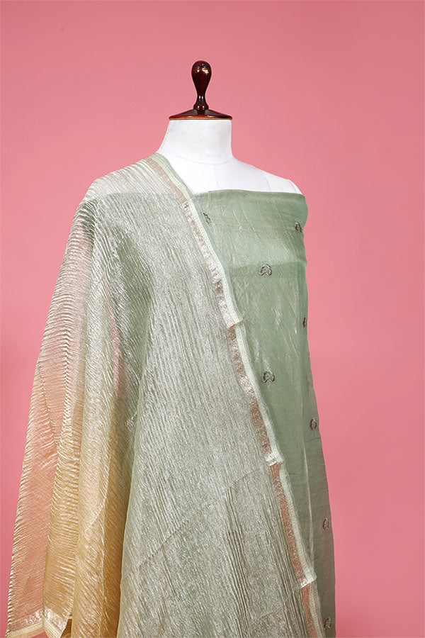 Sage Green Embroidered Crushed Tissue Silk Suit Piece