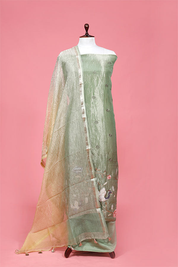 Buy Sage Green Embroidered Crushed Tissue Silk Dress Material Online
