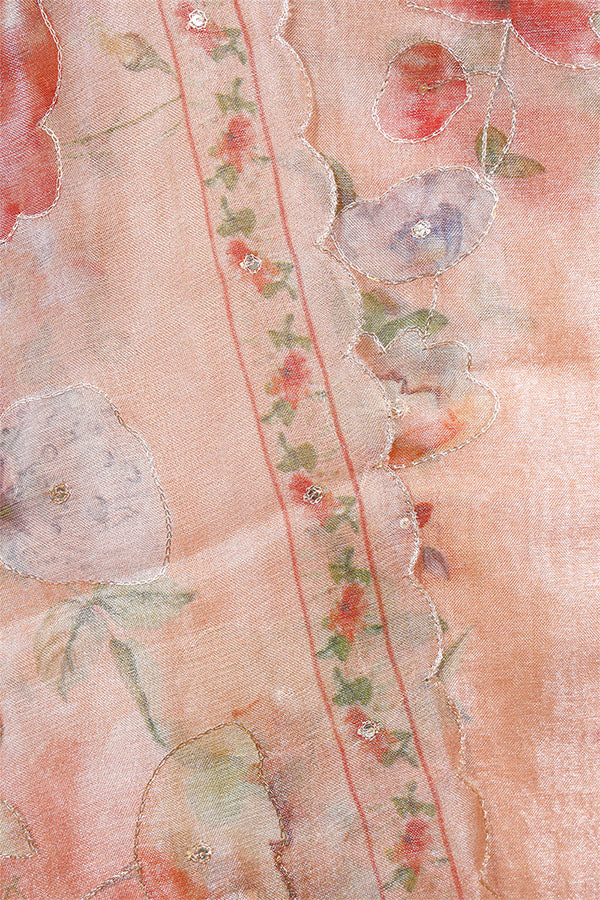 Peach Floral Embellished Tissue Silk Suit Piece