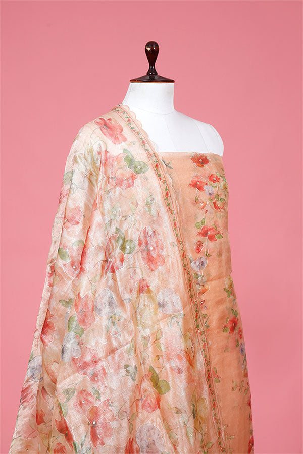 Peach Floral Embellished Tissue Silk Suit Piece