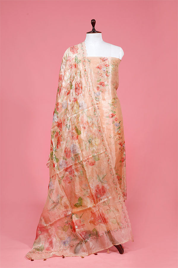 Peach Floral Embellished Tissue Silk Suit Piece