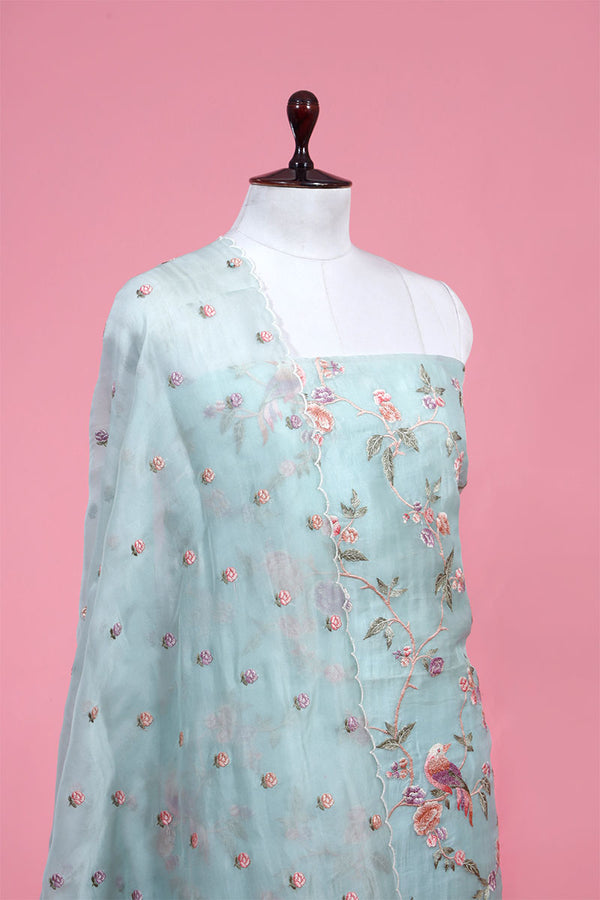 Sky Blue Floral Embroidered Organza Silk Suit Piece