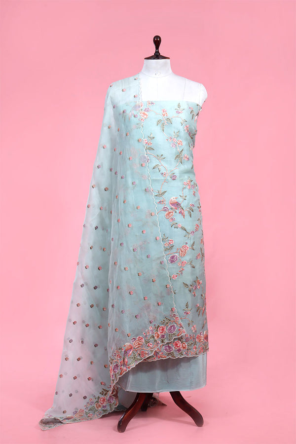 Sky Blue Floral Embroidered Organza Silk Suit Piece By Chinaya Banaras