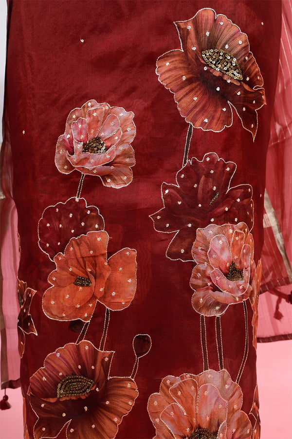 Maroon Floral Embellished Organza Silk Suit Piece