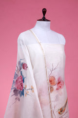 White Handpainted Chanderi Silk Suit Piece