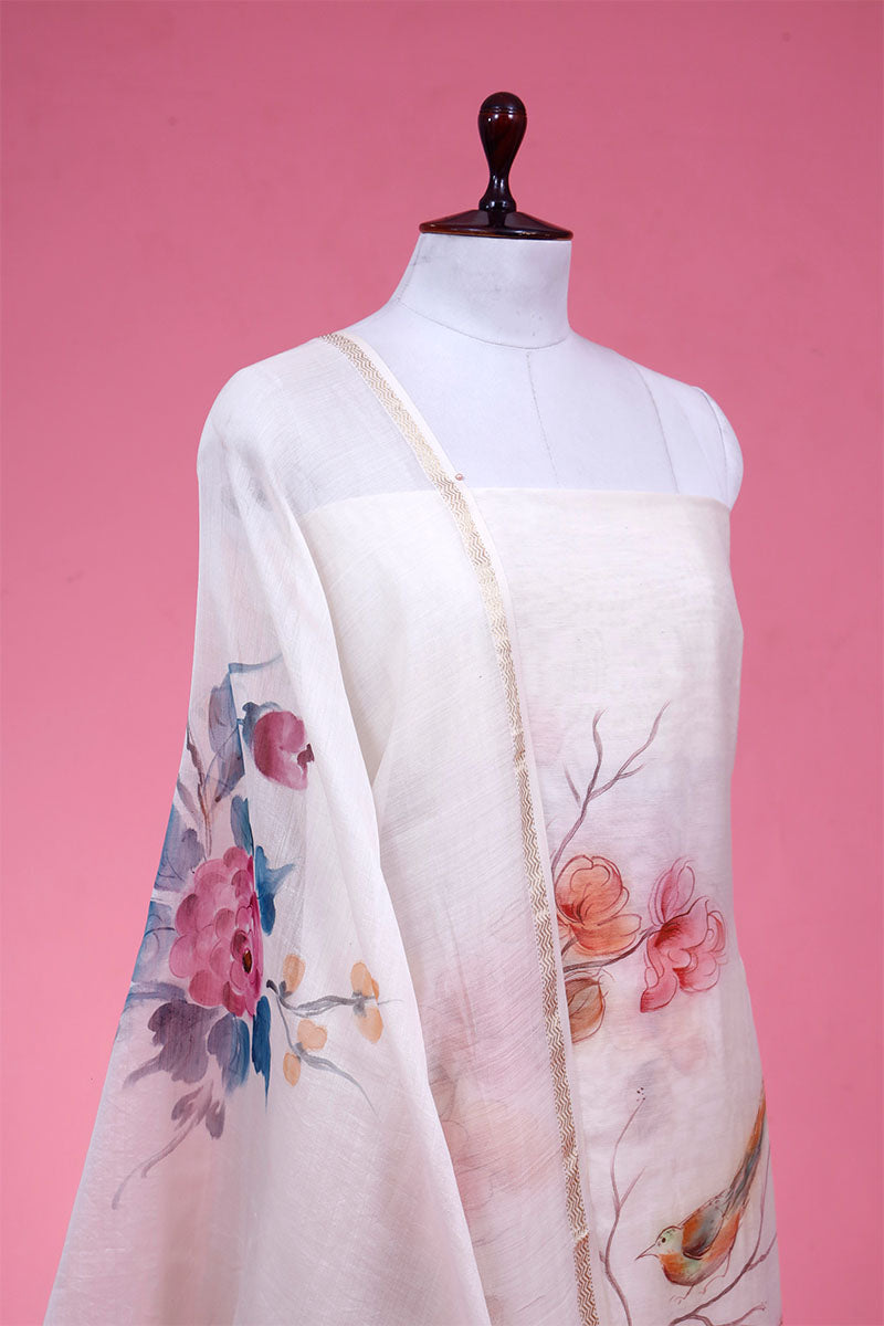 White Handpainted Chanderi Silk Suit Piece