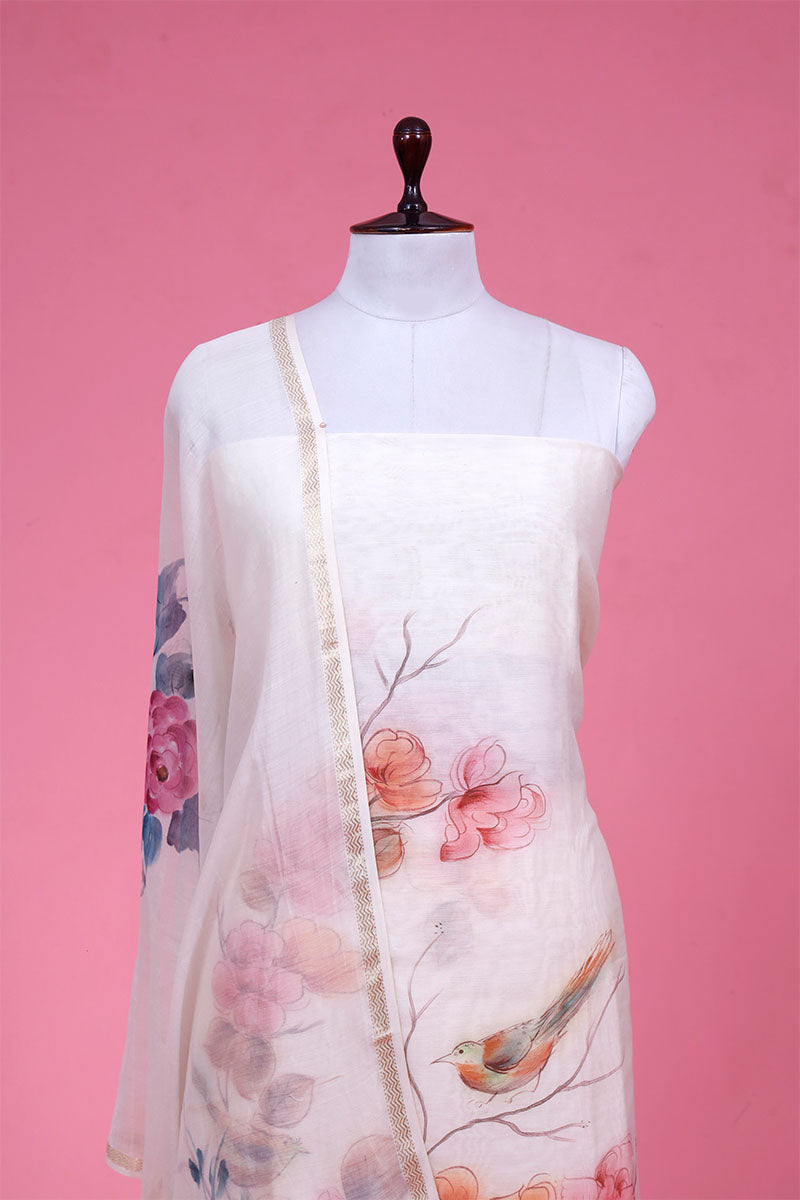 White Handpainted Chanderi Silk Suit Piece