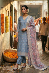 Grey Embellished Organza Silk Suit Piece