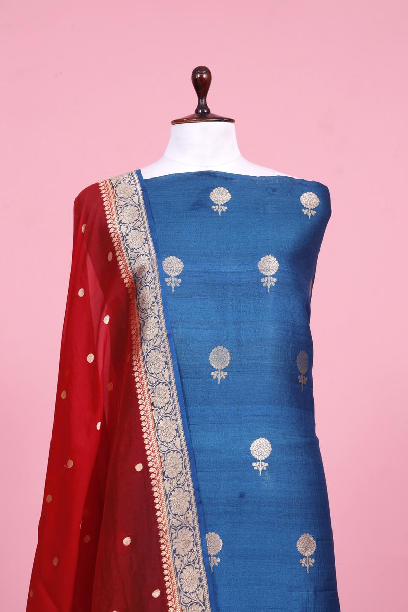 Cobalt Blue Handloom Tussar Silk Suit Piece with Organza Dupatta