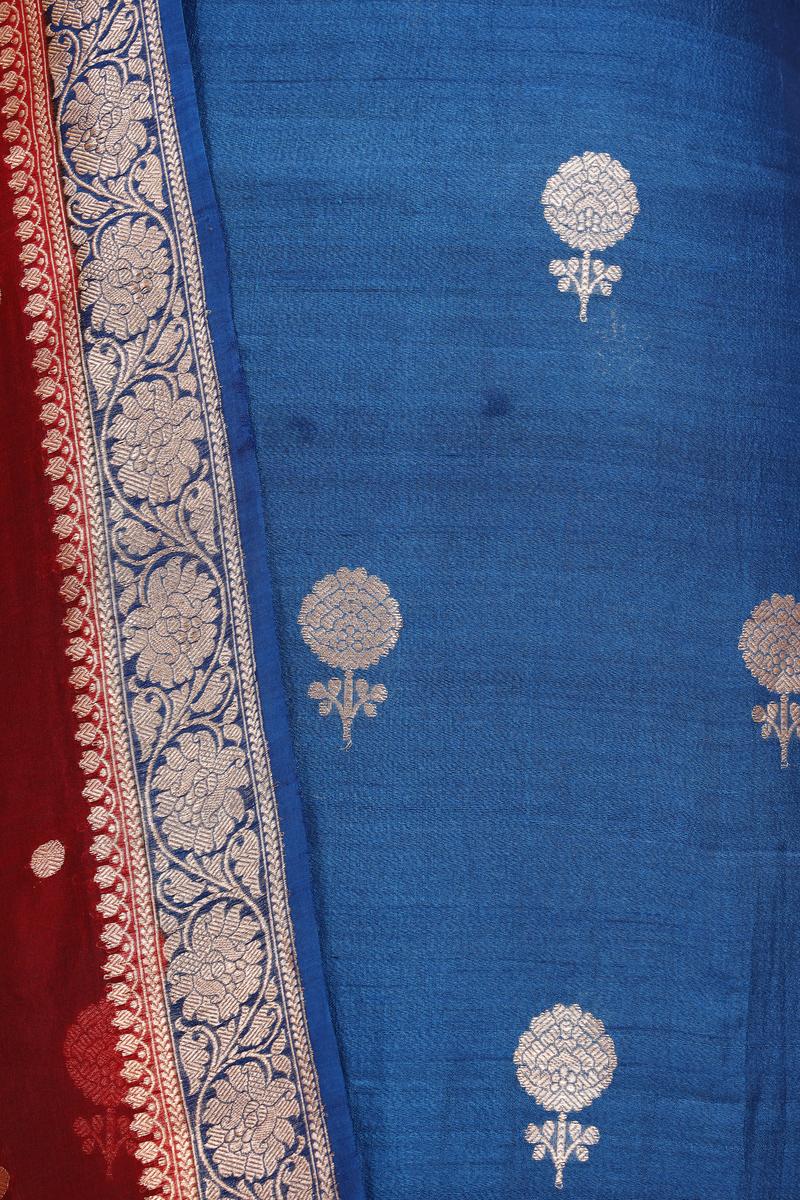 Cobalt Blue Handloom Tussar Silk Suit Piece with Organza Dupatta