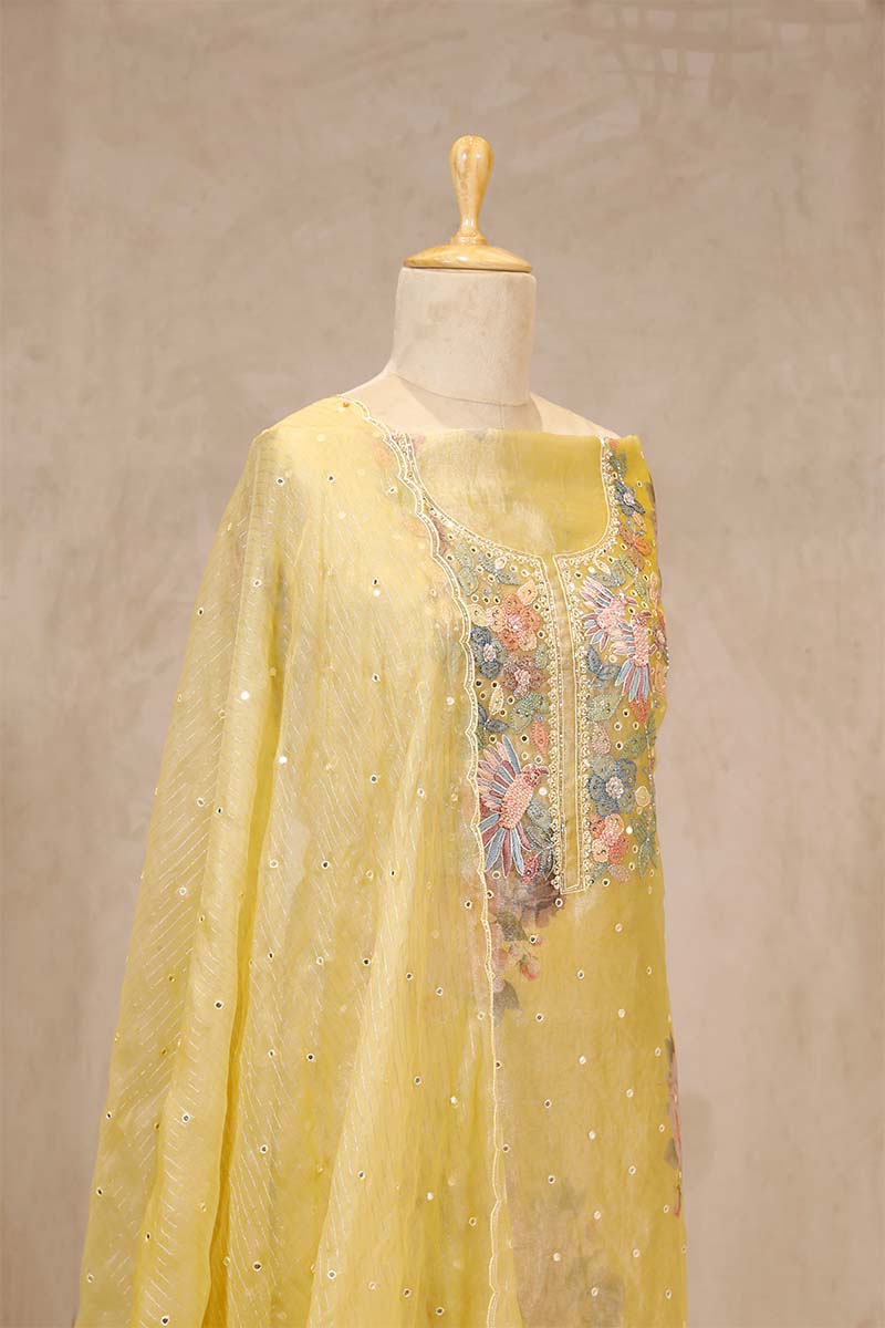 Butter Yellow Tissue Silk Salwar Suit with Floral Hand Embroidery