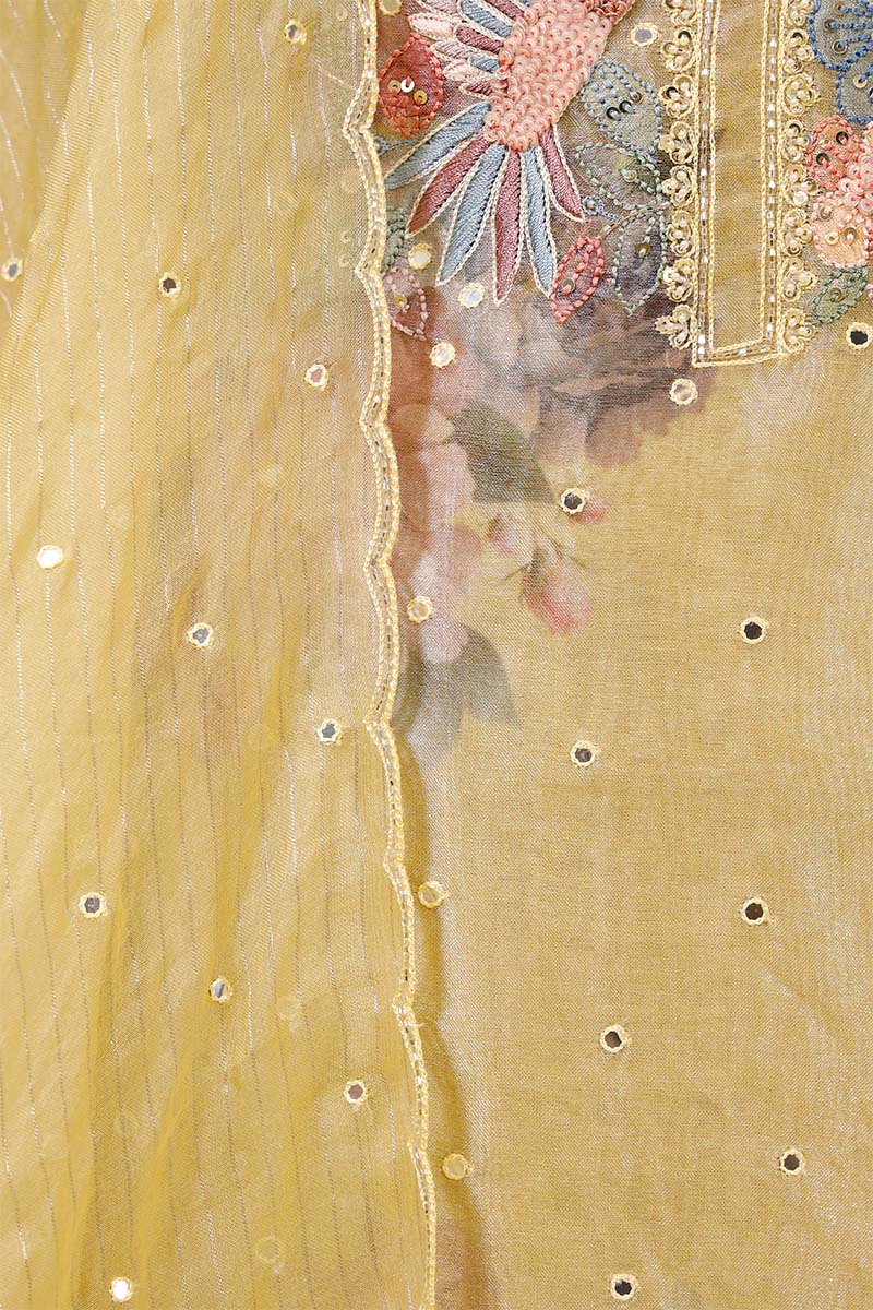 Butter Yellow Tissue Silk Salwar Suit with Floral Hand Embroidery