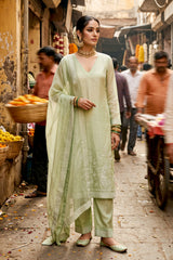 Pistachio Green Organza Silk Salwar Suit with Mayur Motif Dupatta