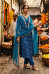 Cobal Blue Chiniya Silk Women Suit Set with Floral Motifs