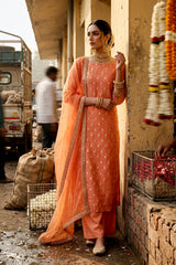 Peach Chiniya Silk Women Suit Set with Floral Motifs