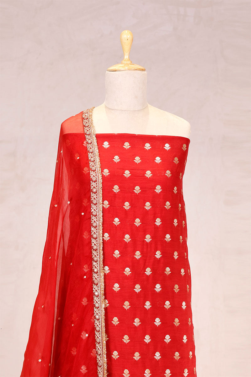 Deep Red Chiniya Silk Women Suit Set with Floral Motifs