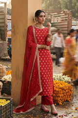 Deep Red Chiniya Silk Women Suit Set with Floral Motifs