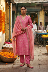 Pink Chiniya Silk Women Suit Set with Floral Motifs