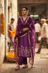 Purple Banarasi Suit Set with Marine Motifs