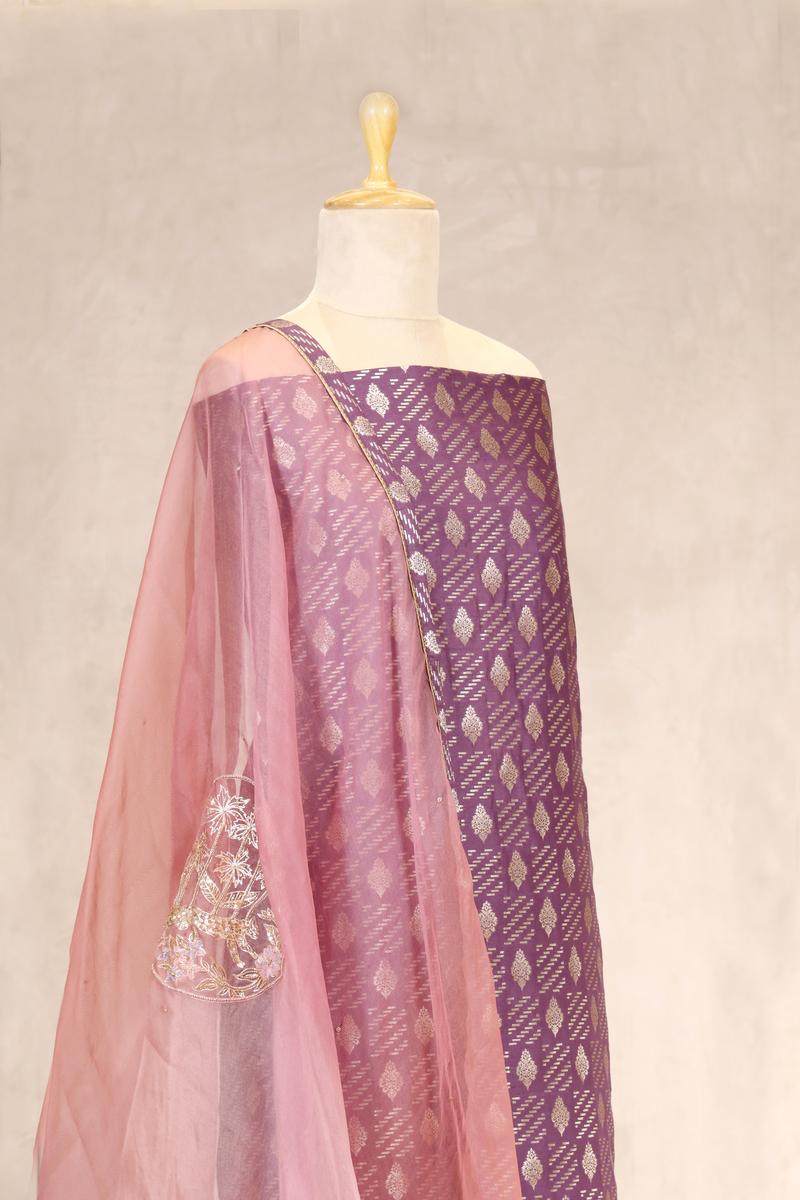 Mauve Mulberry Silk Salwar Suit Set with Shikargah Dupatta
