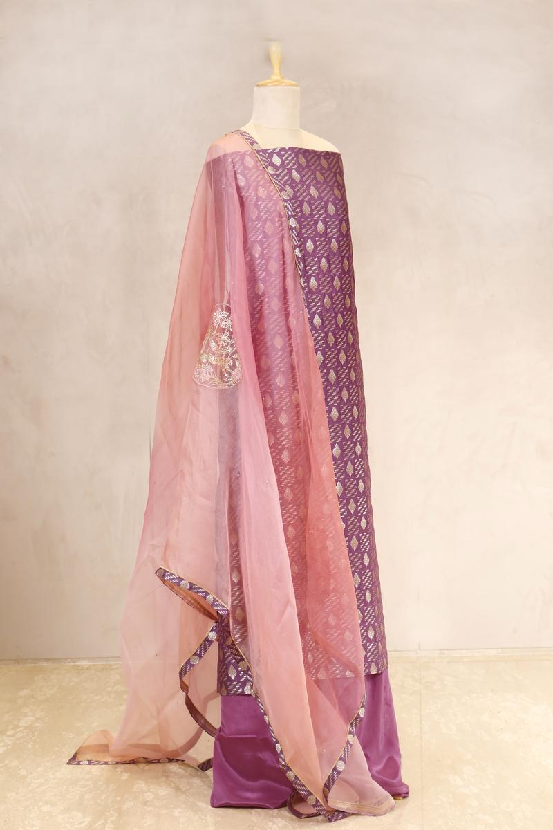 Mauve Mulberry Silk Salwar Suit Set with Shikargah Dupatta