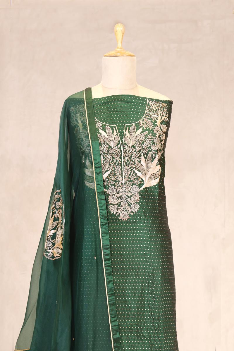 Bottle Green Katan Silk Salwar Suit with Zardozi Work