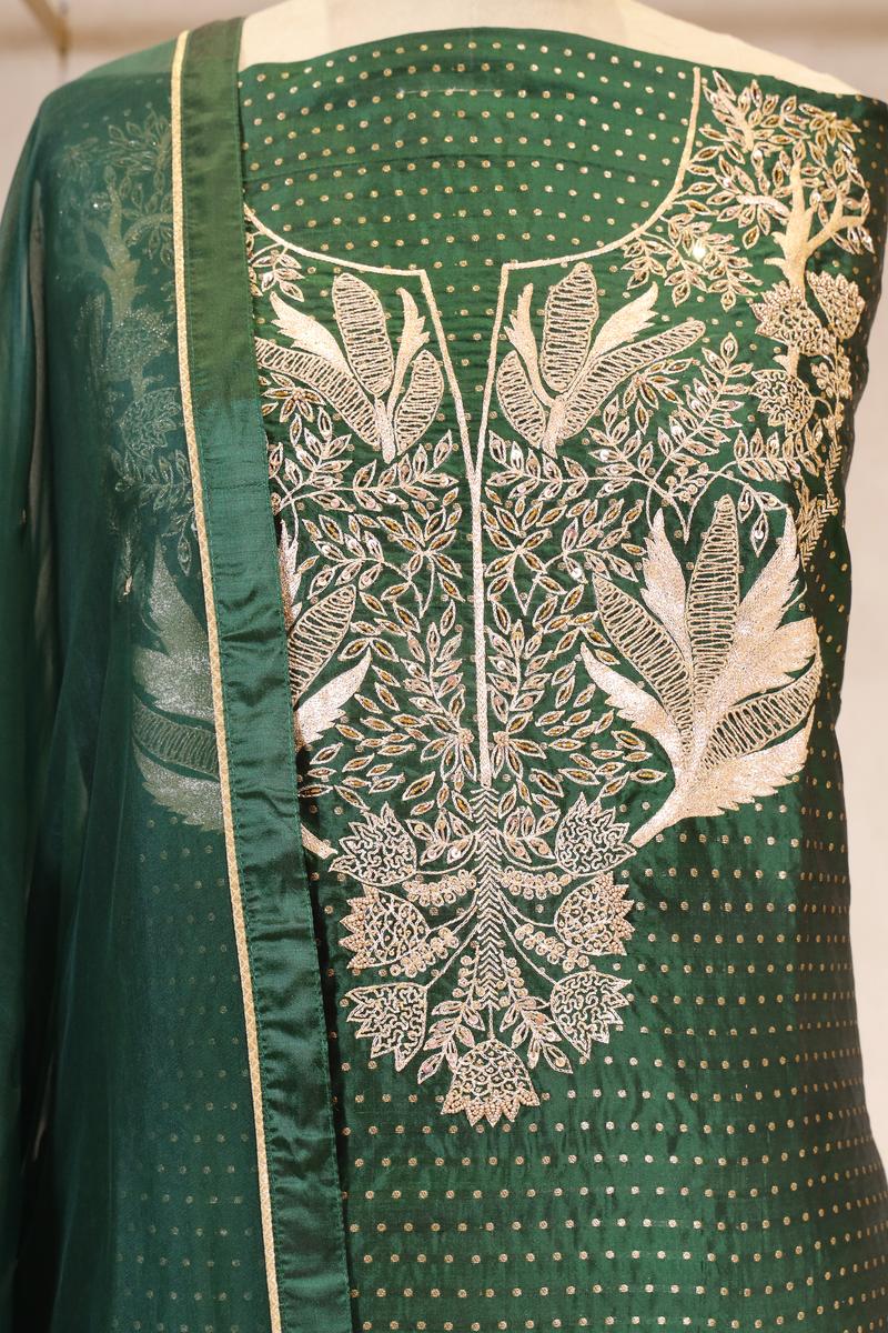 Bottle Green Katan Silk Salwar Suit with Zardozi Work