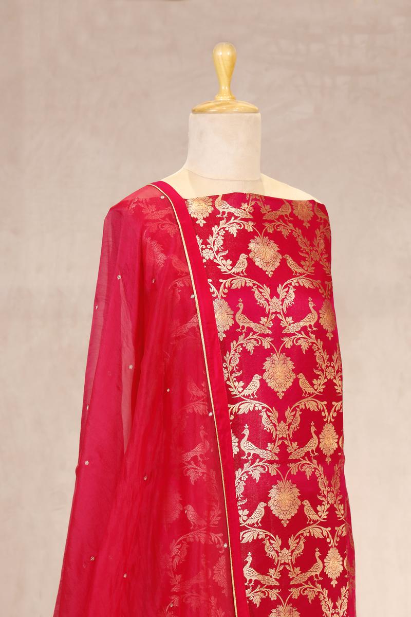 Red Satin Silk Salwar Suit with Organza Dupatta